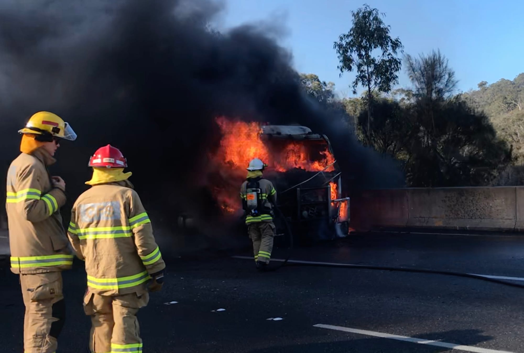 Truck catches fire on freeway